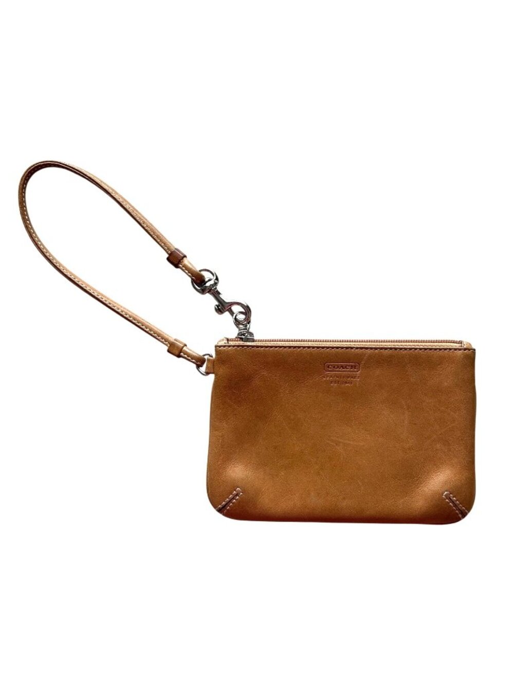 Coach Vintage Leather Wristlet Pouch Tan Zip Closure Adjustable Strap